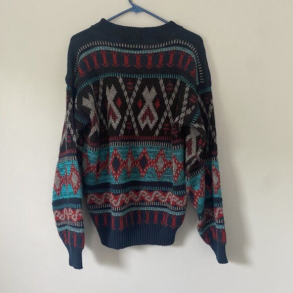 BKI Knits VINTAGE Sweater Mens Medium Blue Red Patterned Eclectic Grandpa USA - Picture 2 of 6